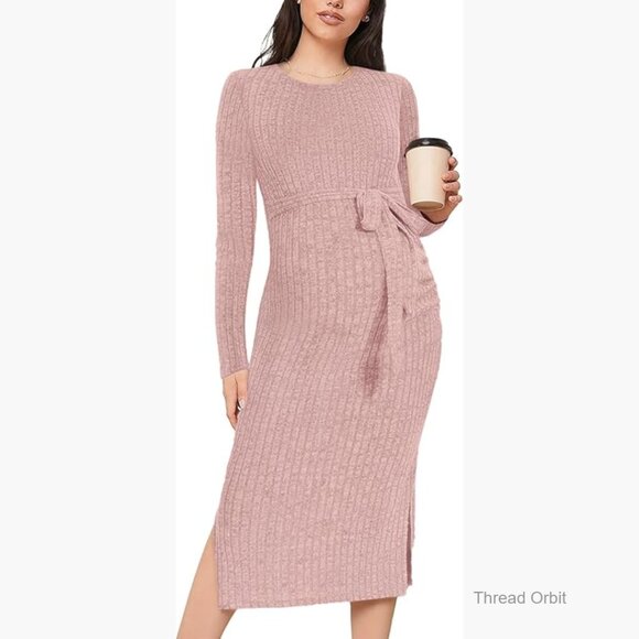 Dresses & Skirts - Maternity Sweater Dress Rib Knit Long Sleeve Slit Belted Pregnancy